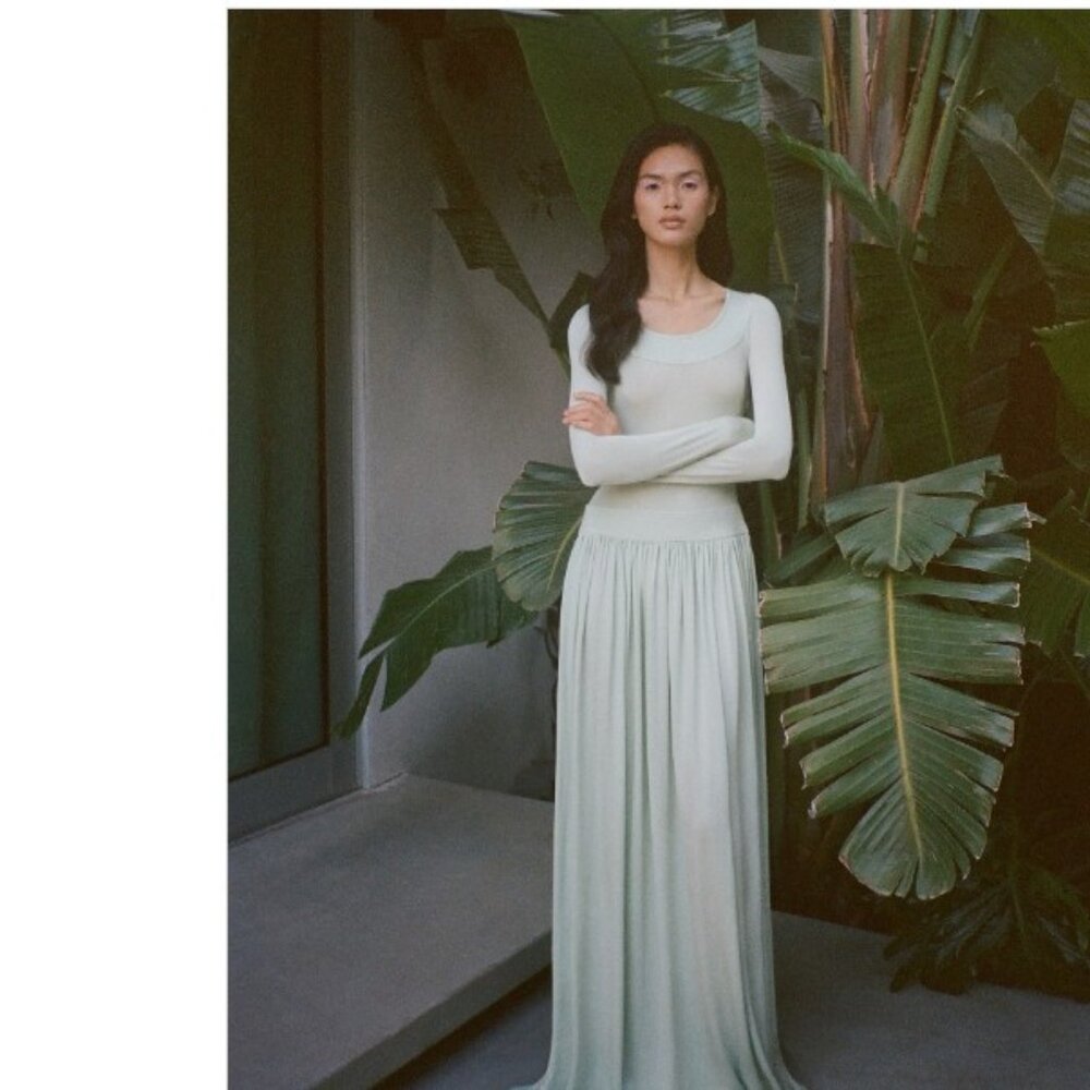 Helsa Aesther Jersey Dress in Seafoam green long sleeve flowy maxi backless gown